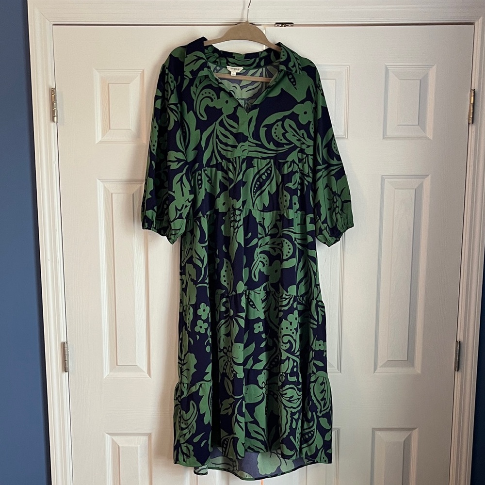Umgee Navy and Green Patterned Midi Dress